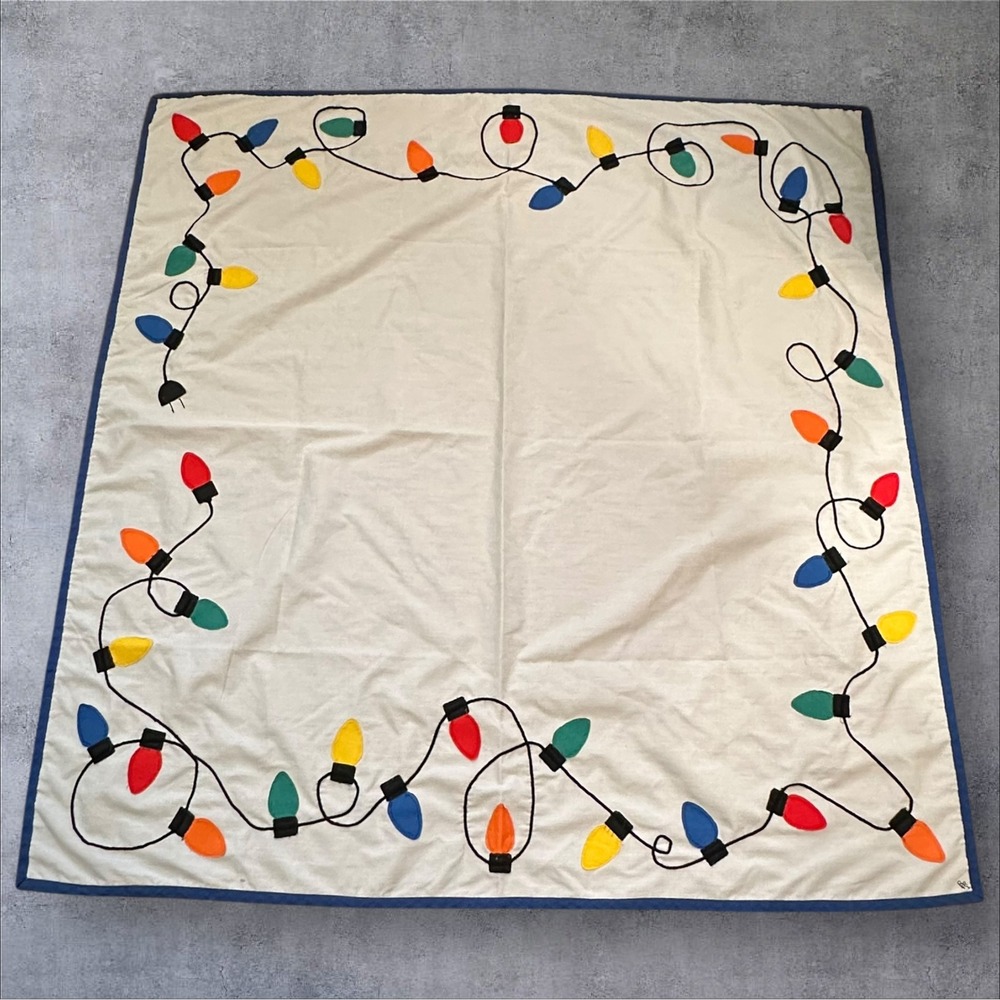 Handmade Christmas Tablecloth Fabric Applique Lights Signed Dated 1991 43x41